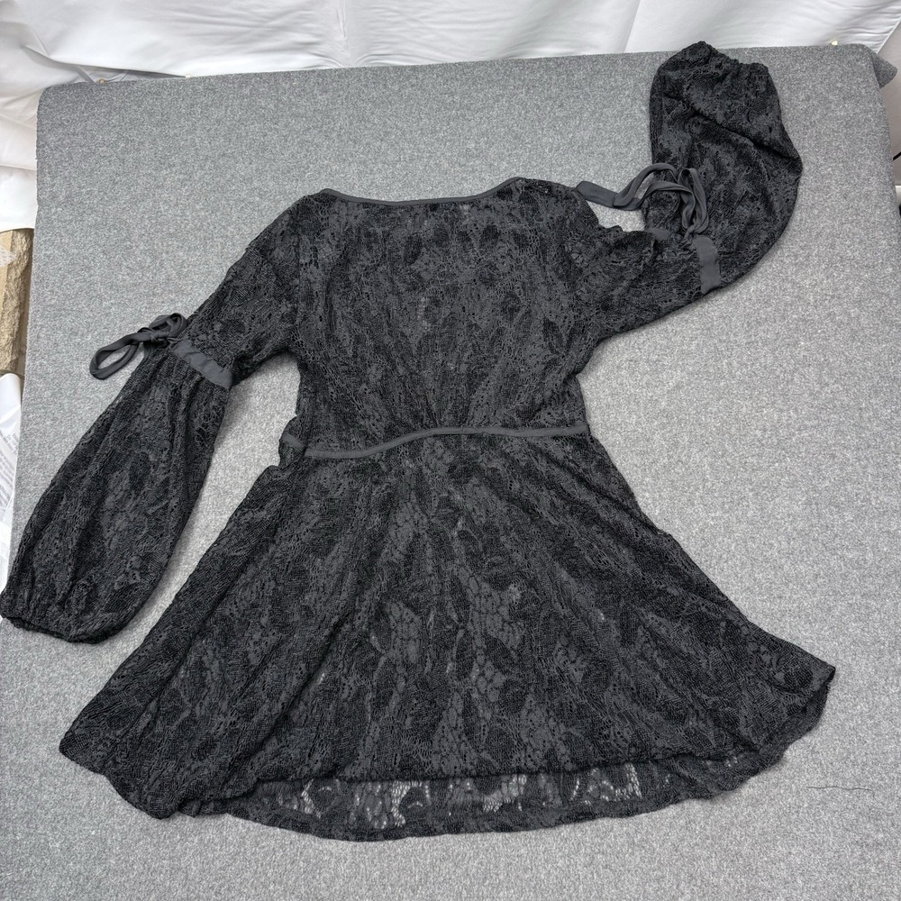 Free People Lace Mini Dress Black Sheer Bell Sleeve Boho Festival S